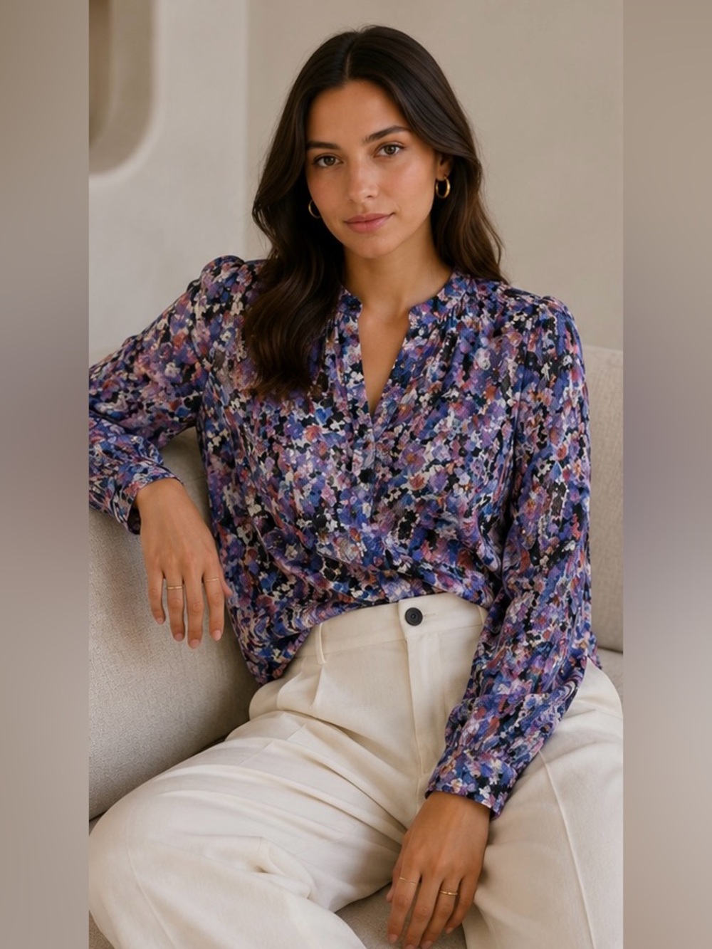 Anthropolgie J.Lindeberg Silk Multicolor Abstract Print Long-Sleeve Blouse